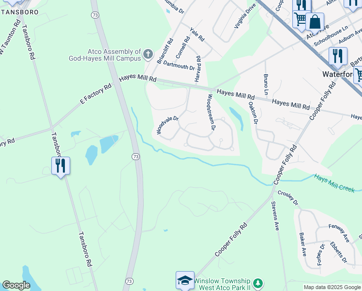 map of restaurants, bars, coffee shops, grocery stores, and more near 9 Brookview Court in Atco