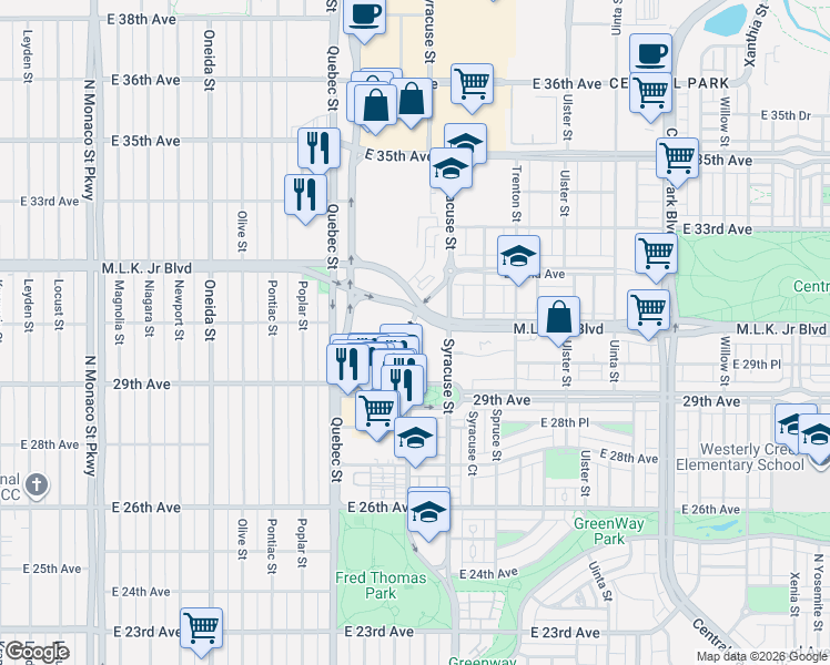 map of restaurants, bars, coffee shops, grocery stores, and more near 7575 East 29th Place in Denver