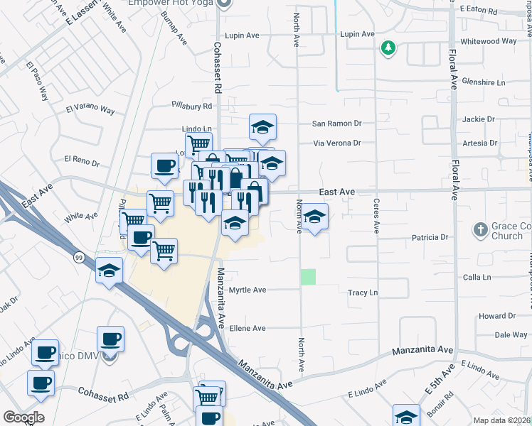 map of restaurants, bars, coffee shops, grocery stores, and more near 10 Cottage Circle in Chico