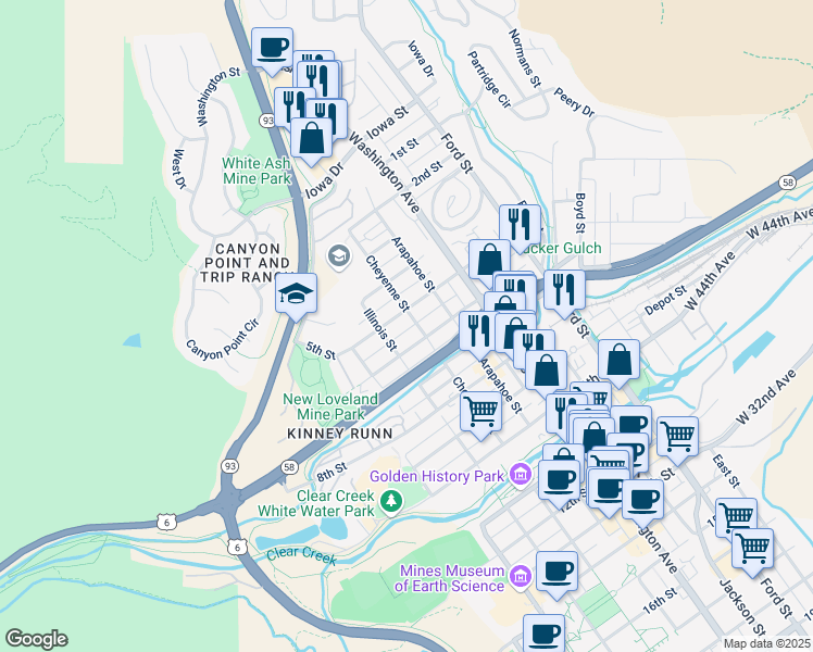 map of restaurants, bars, coffee shops, grocery stores, and more near 422 Cheyenne Street in Golden