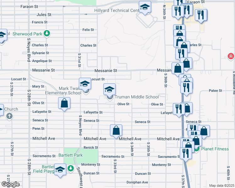 map of restaurants, bars, coffee shops, grocery stores, and more near 3227 Olive Street in St. Joseph