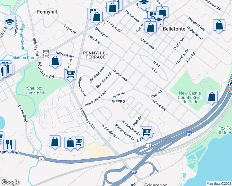 map of restaurants, bars, coffee shops, grocery stores, and more near 109 River Road in Wilmington