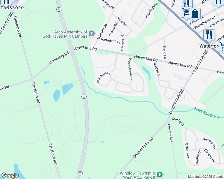 map of restaurants, bars, coffee shops, grocery stores, and more near 9 Brookview Court in Atco