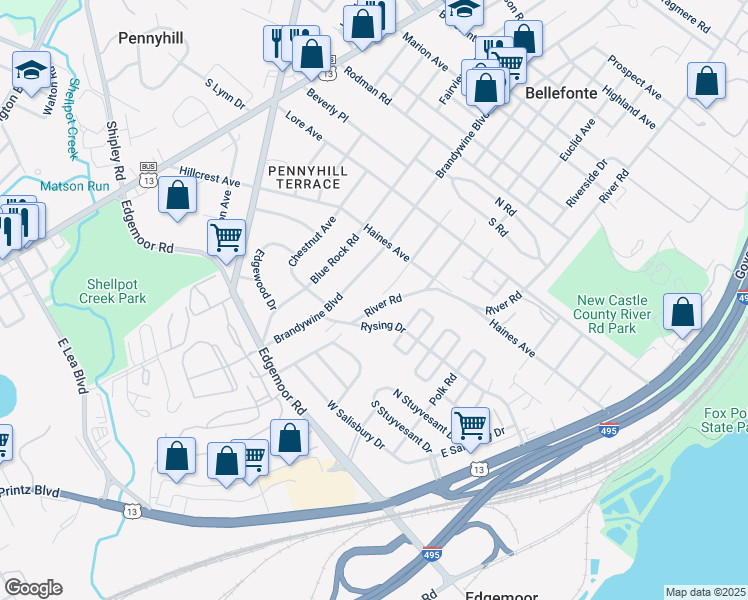 map of restaurants, bars, coffee shops, grocery stores, and more near 109 River Road in Wilmington