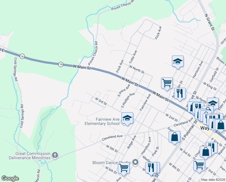 map of restaurants, bars, coffee shops, grocery stores, and more near Spring Hill Drive in Waynesboro