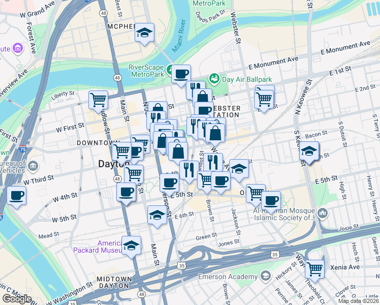 map of restaurants, bars, coffee shops, grocery stores, and more near 101 South Patterson Boulevard in Dayton