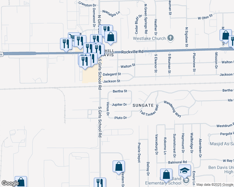 map of restaurants, bars, coffee shops, grocery stores, and more near 7120 Mars Drive in Indianapolis