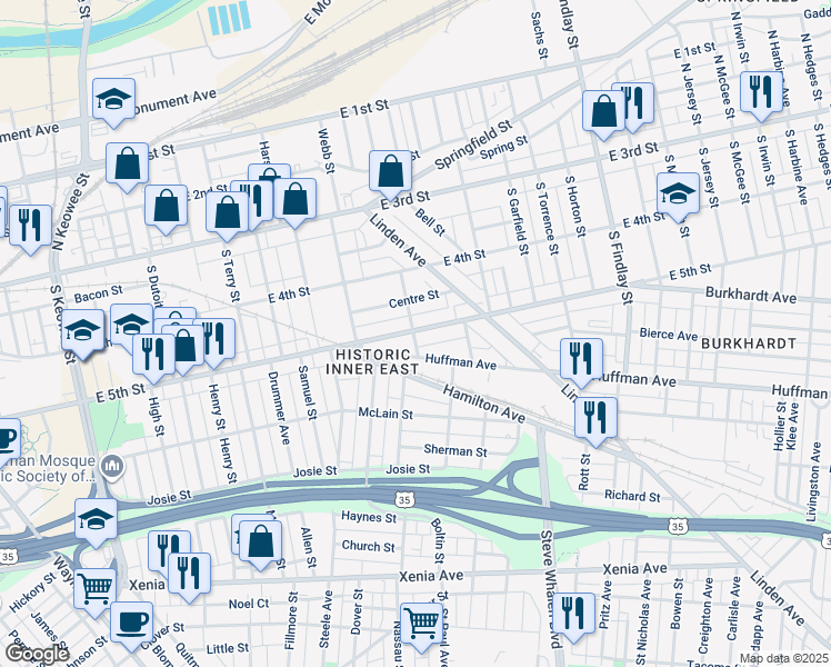 map of restaurants, bars, coffee shops, grocery stores, and more near 2200 East 5th Street in Dayton