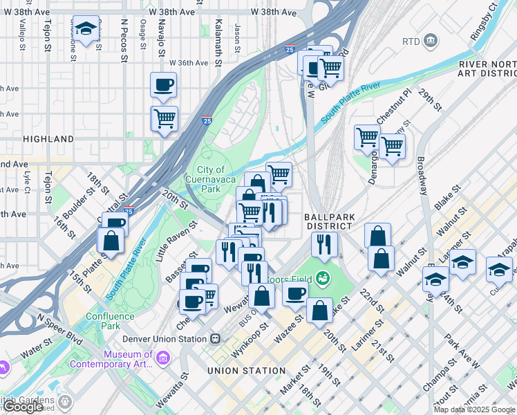 map of restaurants, bars, coffee shops, grocery stores, and more near 2960 Inca Street in Denver