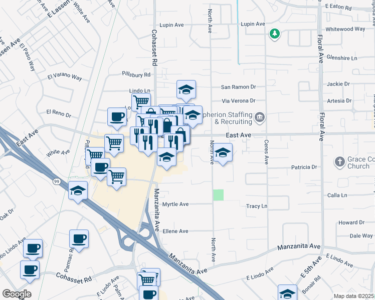 map of restaurants, bars, coffee shops, grocery stores, and more near 10 Cottage Circle in Chico