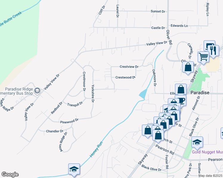 map of restaurants, bars, coffee shops, grocery stores, and more near 492 Nottingham Drive in Paradise