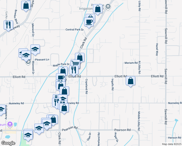 map of restaurants, bars, coffee shops, grocery stores, and more near 1207 Elliott Road in Paradise