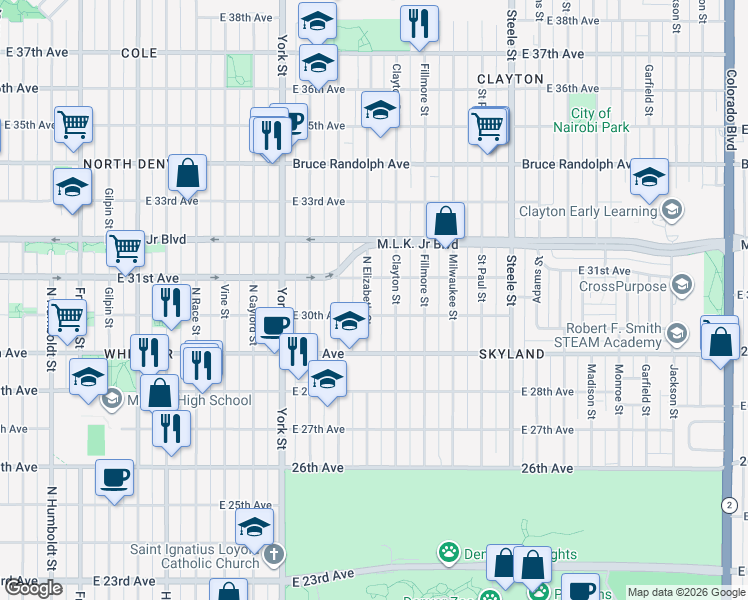 map of restaurants, bars, coffee shops, grocery stores, and more near 3024 Elizabeth Street in Denver