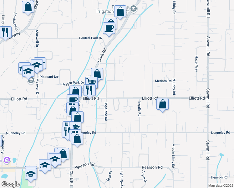 map of restaurants, bars, coffee shops, grocery stores, and more near 1223 Elliott Road in Paradise