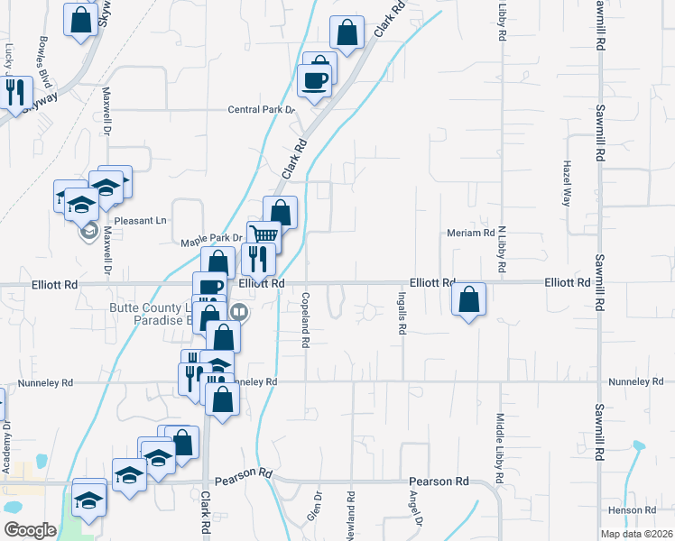map of restaurants, bars, coffee shops, grocery stores, and more near 5892 Copeland Road in Paradise