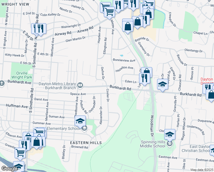 map of restaurants, bars, coffee shops, grocery stores, and more near 4800 Burkhardt Avenue in Dayton