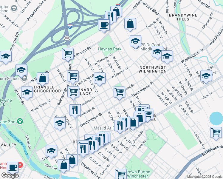 map of restaurants, bars, coffee shops, grocery stores, and more near 2878 North Madison Street in Wilmington