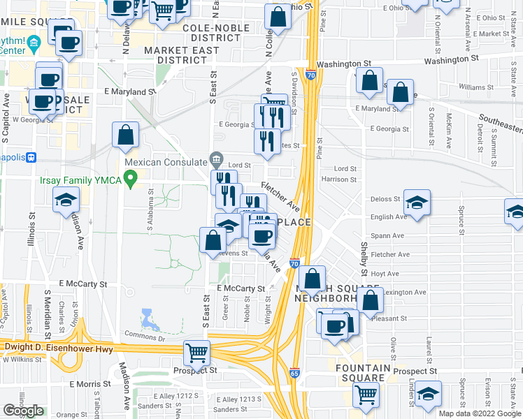 map of restaurants, bars, coffee shops, grocery stores, and more near 628 Lexington Avenue in Indianapolis