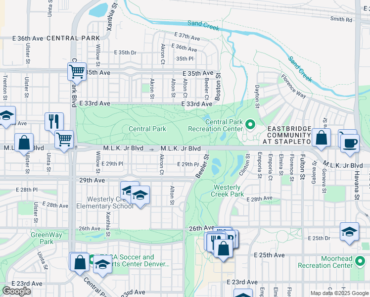 map of restaurants, bars, coffee shops, grocery stores, and more near Martin Luther King Junior Boulevard in Denver