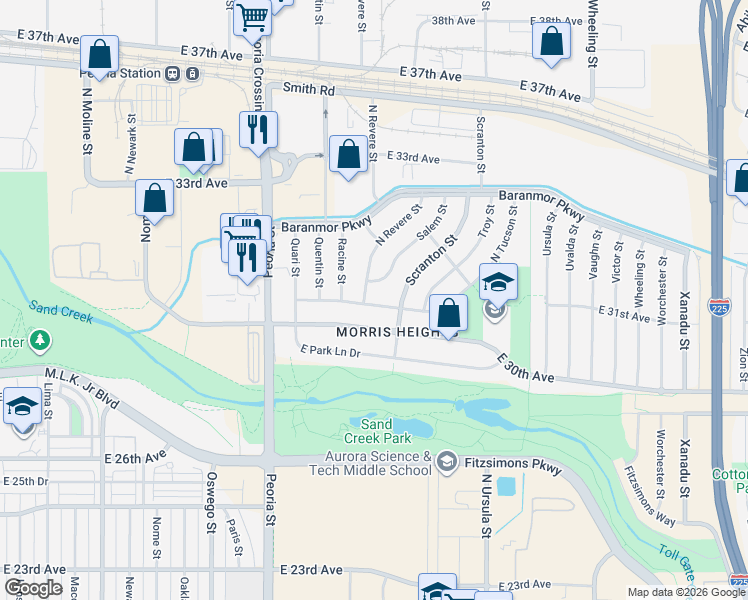 map of restaurants, bars, coffee shops, grocery stores, and more near 3100 Salem Street in Aurora