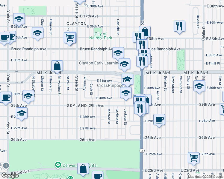 map of restaurants, bars, coffee shops, grocery stores, and more near 3080 Monroe Street in Denver