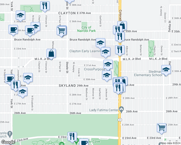 map of restaurants, bars, coffee shops, grocery stores, and more near 3070 Wilson Court in Denver