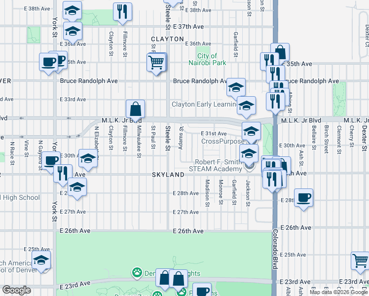 map of restaurants, bars, coffee shops, grocery stores, and more near 3075 Adams Street in Denver