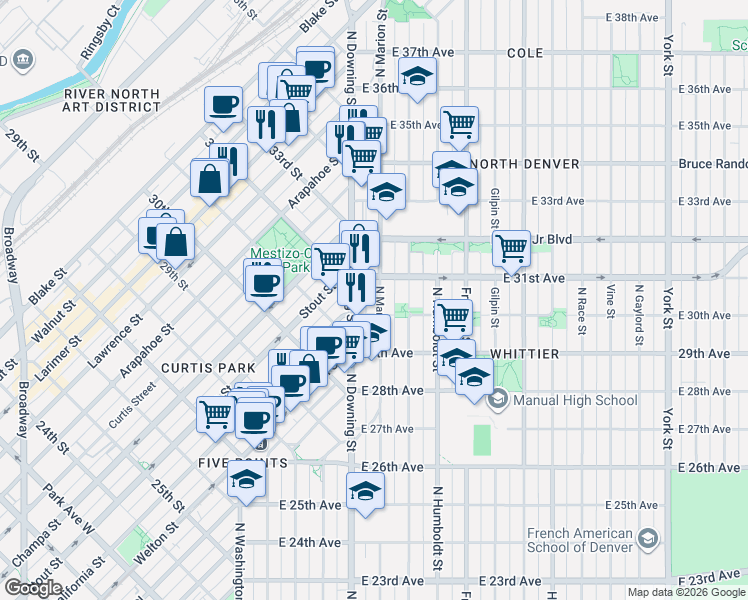 map of restaurants, bars, coffee shops, grocery stores, and more near 3090 North Downing Street in Denver