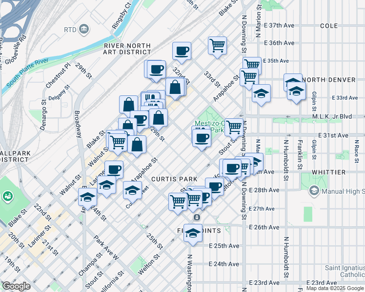 map of restaurants, bars, coffee shops, grocery stores, and more near 2942 Arapahoe Street in Denver