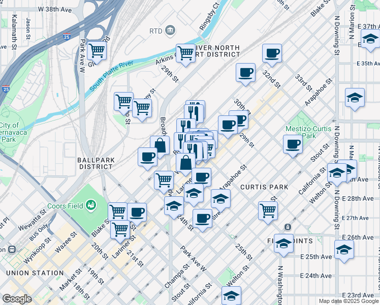 map of restaurants, bars, coffee shops, grocery stores, and more near 10 Blake Street in Denver