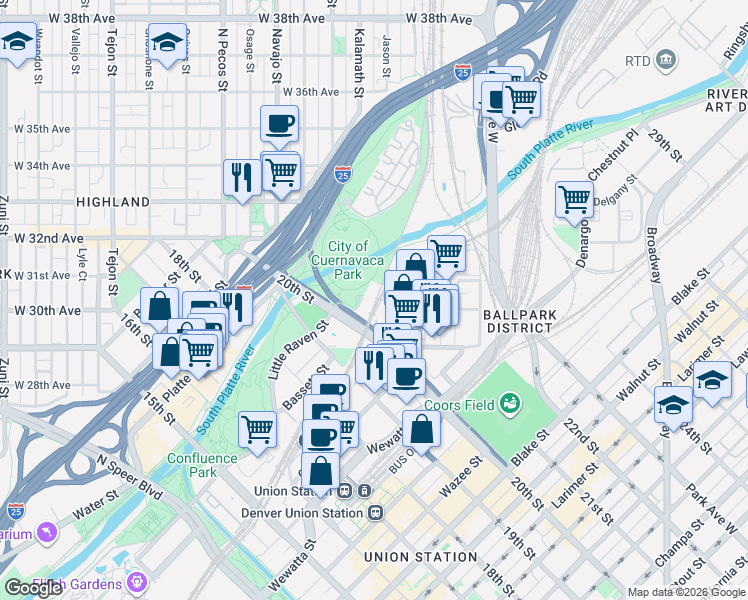 map of restaurants, bars, coffee shops, grocery stores, and more near 2000 Little Raven Street in Denver