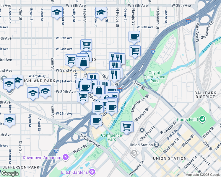 map of restaurants, bars, coffee shops, grocery stores, and more near 2520 18th Street in Denver