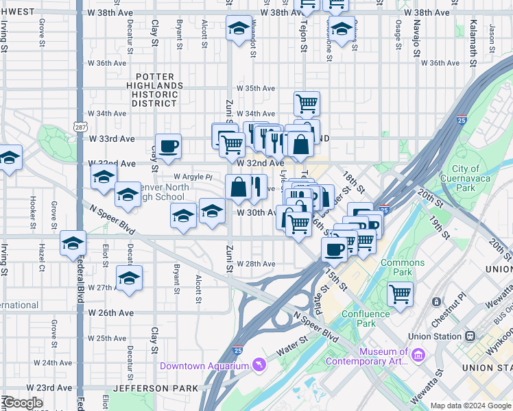map of restaurants, bars, coffee shops, grocery stores, and more near 3039 Vallejo Street in Denver