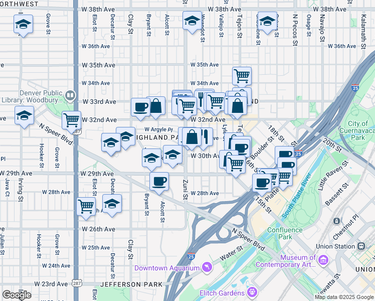 map of restaurants, bars, coffee shops, grocery stores, and more near 2320 West 31st Avenue in Denver