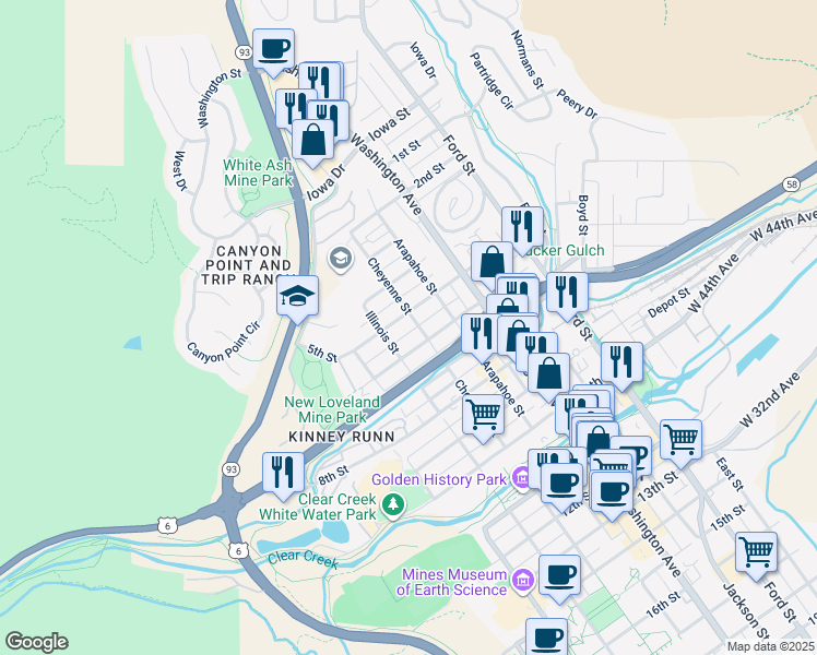 map of restaurants, bars, coffee shops, grocery stores, and more near 422 Cheyenne Street in Golden