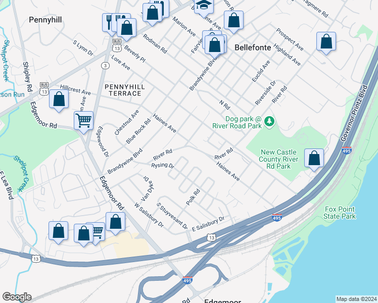 map of restaurants, bars, coffee shops, grocery stores, and more near 201-299,200-298 Melrose Avenue in Edgemoor