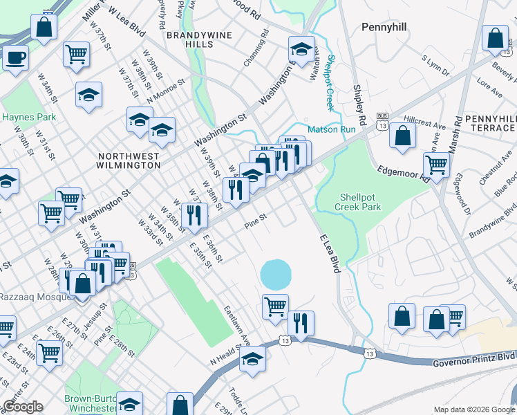 map of restaurants, bars, coffee shops, grocery stores, and more near 4104 North Market Street in Wilmington