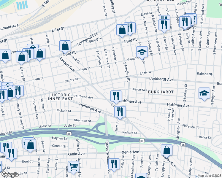 map of restaurants, bars, coffee shops, grocery stores, and more near 2420 East 5th Street in Dayton