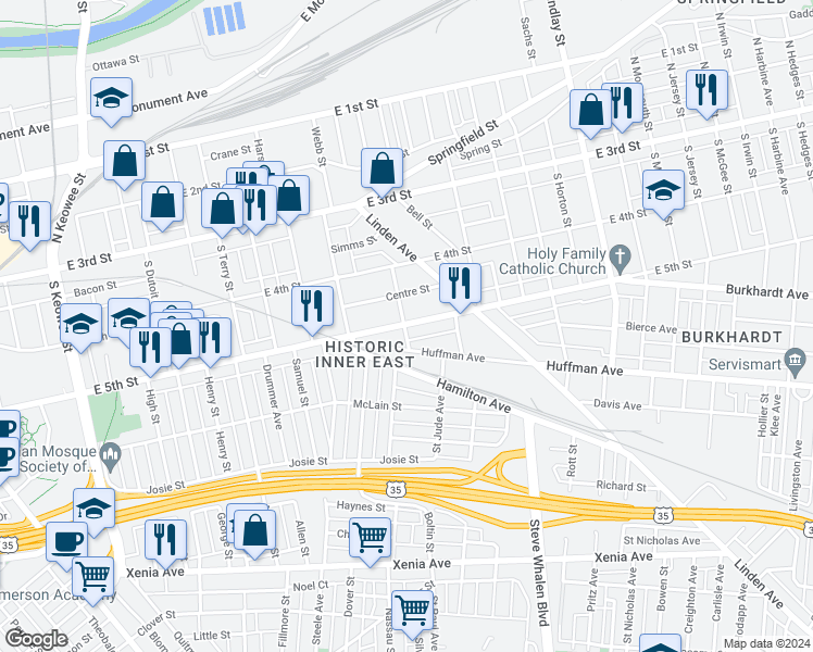 map of restaurants, bars, coffee shops, grocery stores, and more near 62 Centre Street in Dayton