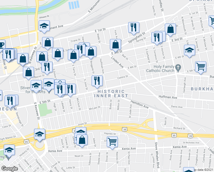 map of restaurants, bars, coffee shops, grocery stores, and more near 8 Centre Street in Dayton