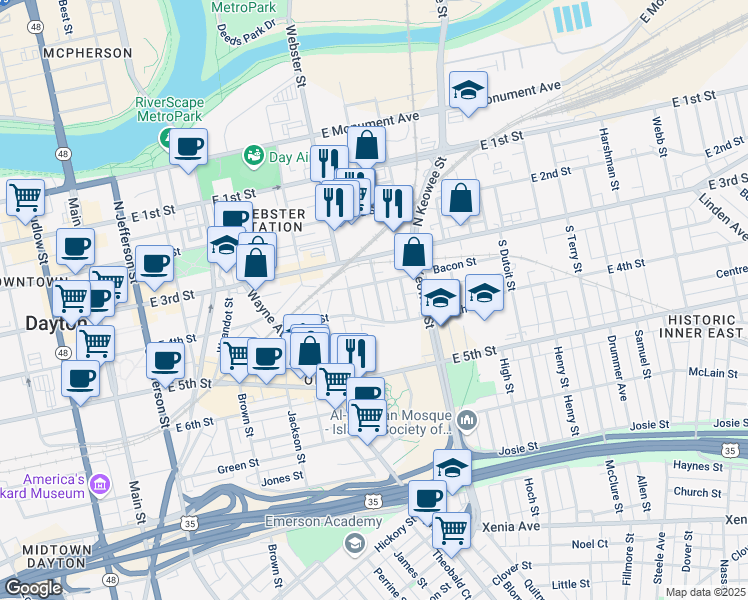 map of restaurants, bars, coffee shops, grocery stores, and more near in Dayton