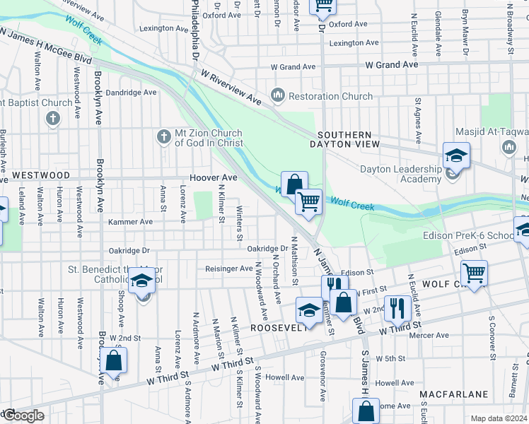 map of restaurants, bars, coffee shops, grocery stores, and more near 629 North James H McGee Boulevard in Dayton