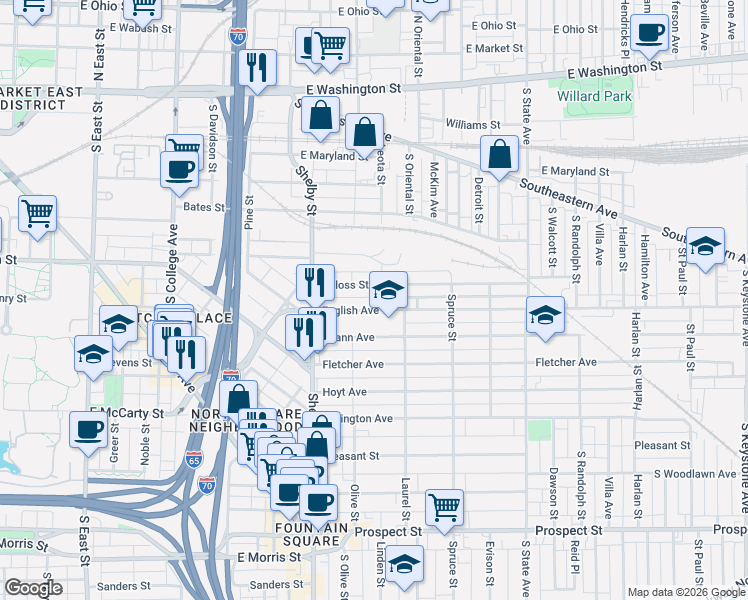 map of restaurants, bars, coffee shops, grocery stores, and more near 1222 Deloss Street in Indianapolis