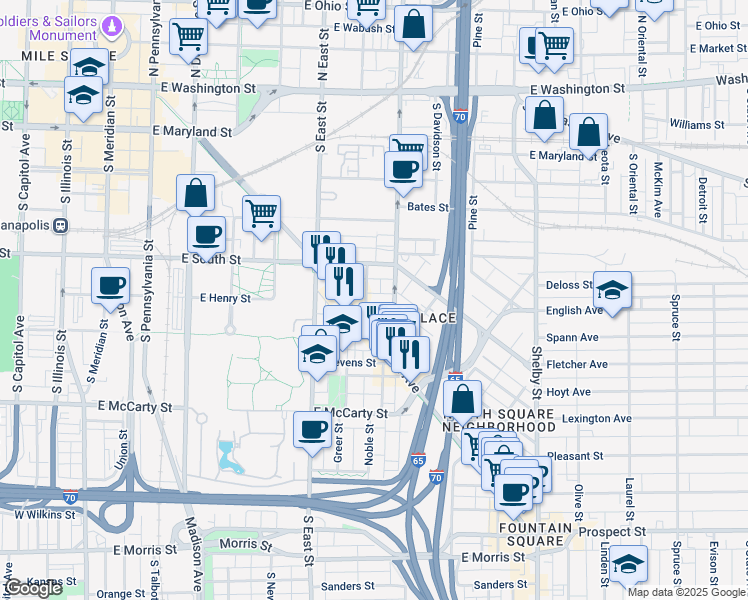 map of restaurants, bars, coffee shops, grocery stores, and more near in Indianapolis