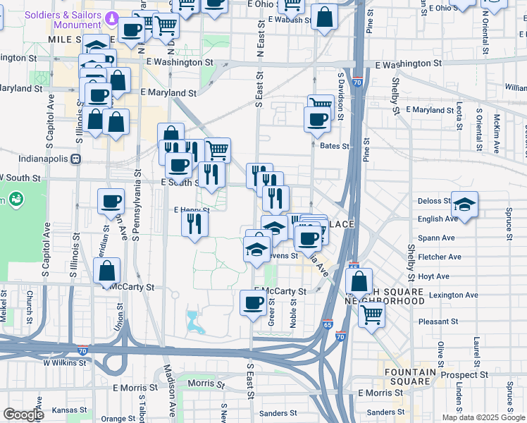 map of restaurants, bars, coffee shops, grocery stores, and more near 411 Virginia Avenue in Indianapolis