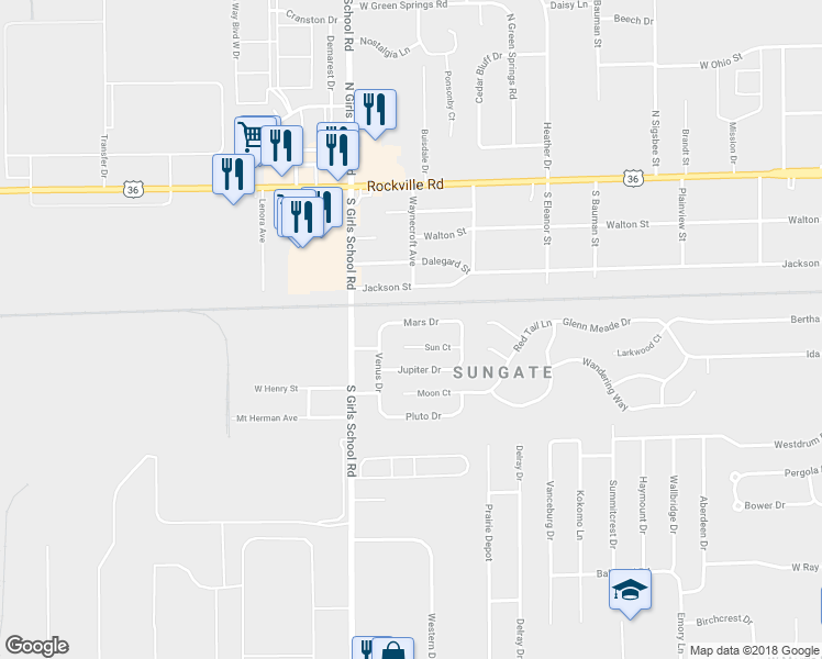 map of restaurants, bars, coffee shops, grocery stores, and more near 7120 Mars Drive in Indianapolis