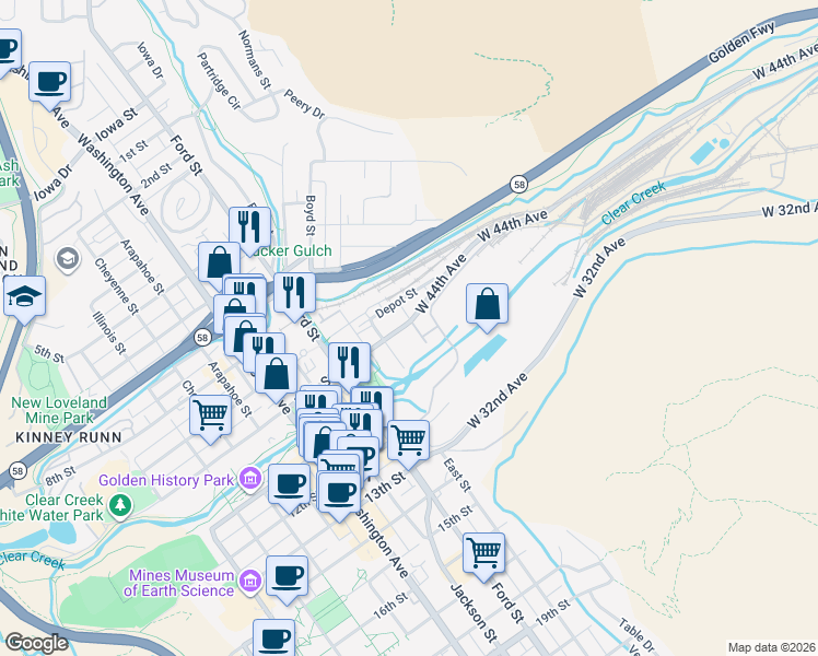 map of restaurants, bars, coffee shops, grocery stores, and more near 311 10th Street in Golden