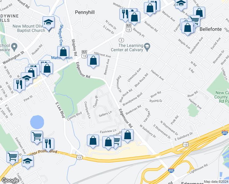 map of restaurants, bars, coffee shops, grocery stores, and more near 401 Edgemoor Road in Wilmington