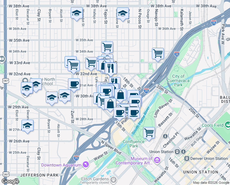 map of restaurants, bars, coffee shops, grocery stores, and more near 3000 Tejon Street in Denver