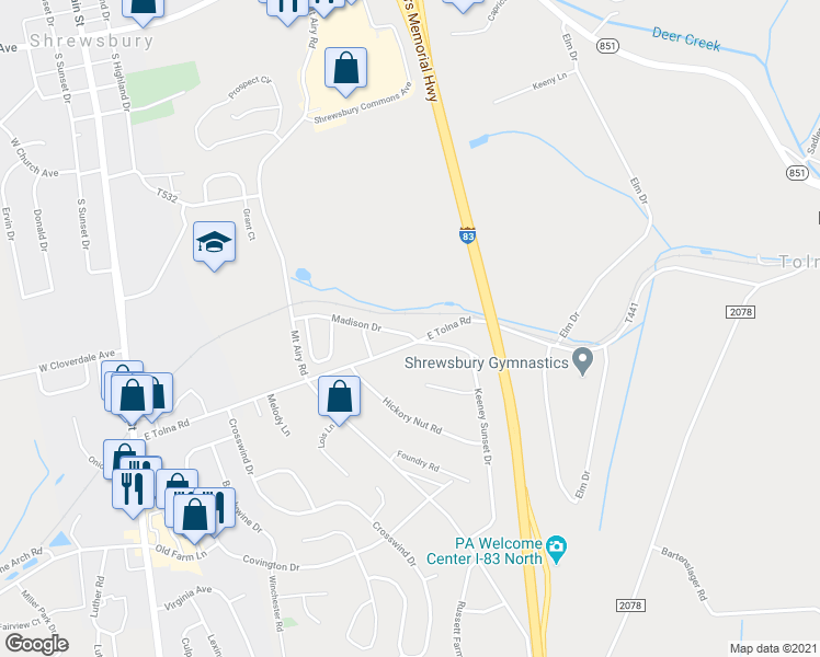 map of restaurants, bars, coffee shops, grocery stores, and more near 462 Madison Drive in Shrewsbury